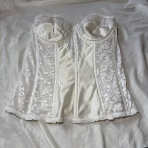 White Lace Corset Bustier Top Boned Satin Cups Hook Back 36B‎